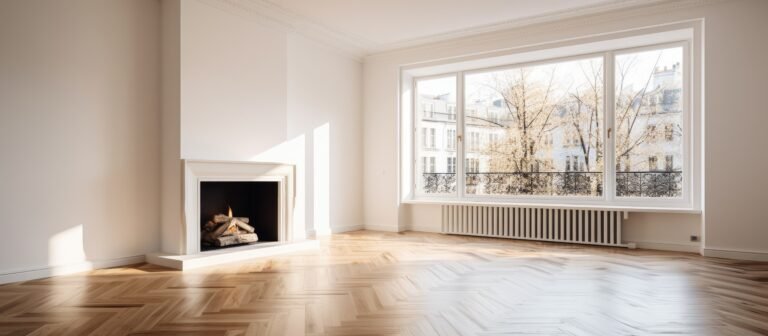 Stylish apartment with bright room large windows white walls wooden floors and dark marble fireplace